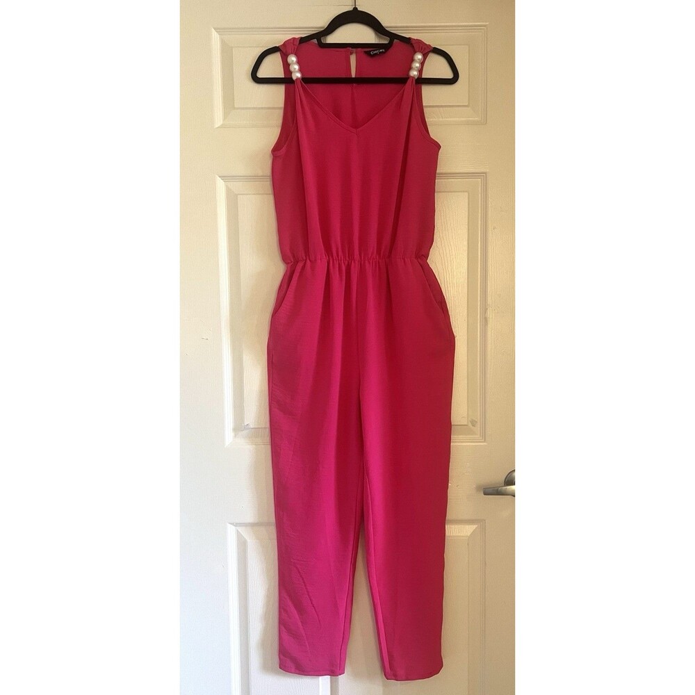 ChicMe Fuchsia Pink Pearl Strap Jumpsuit Size S Elegant Party